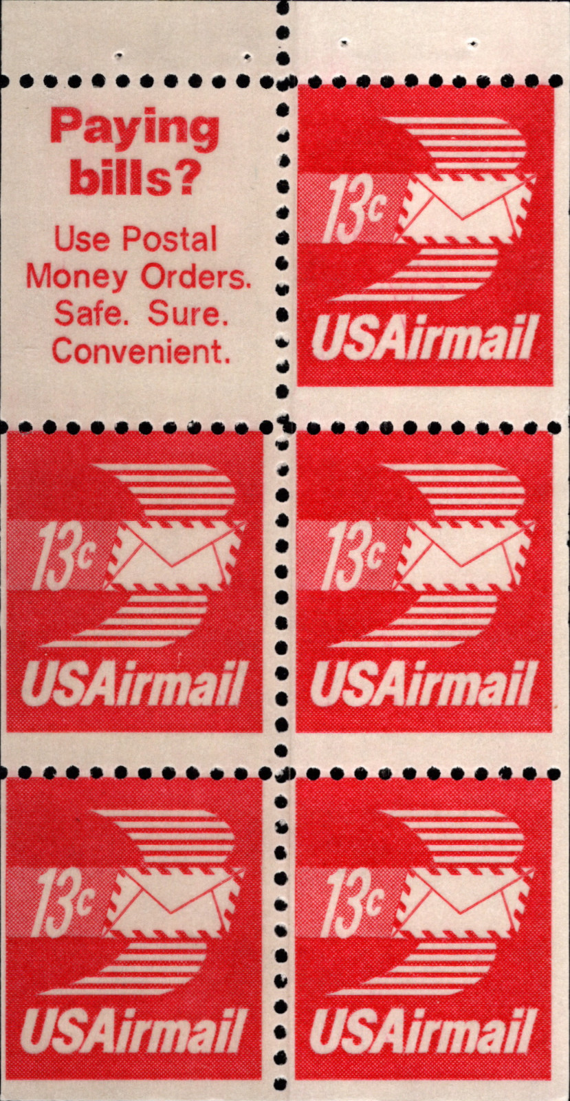 USA 1971-73 ERROR AIRMAIL WINGED ENVELOPE 13 CENT BOOKLET PANE SCOTT C79a MNH