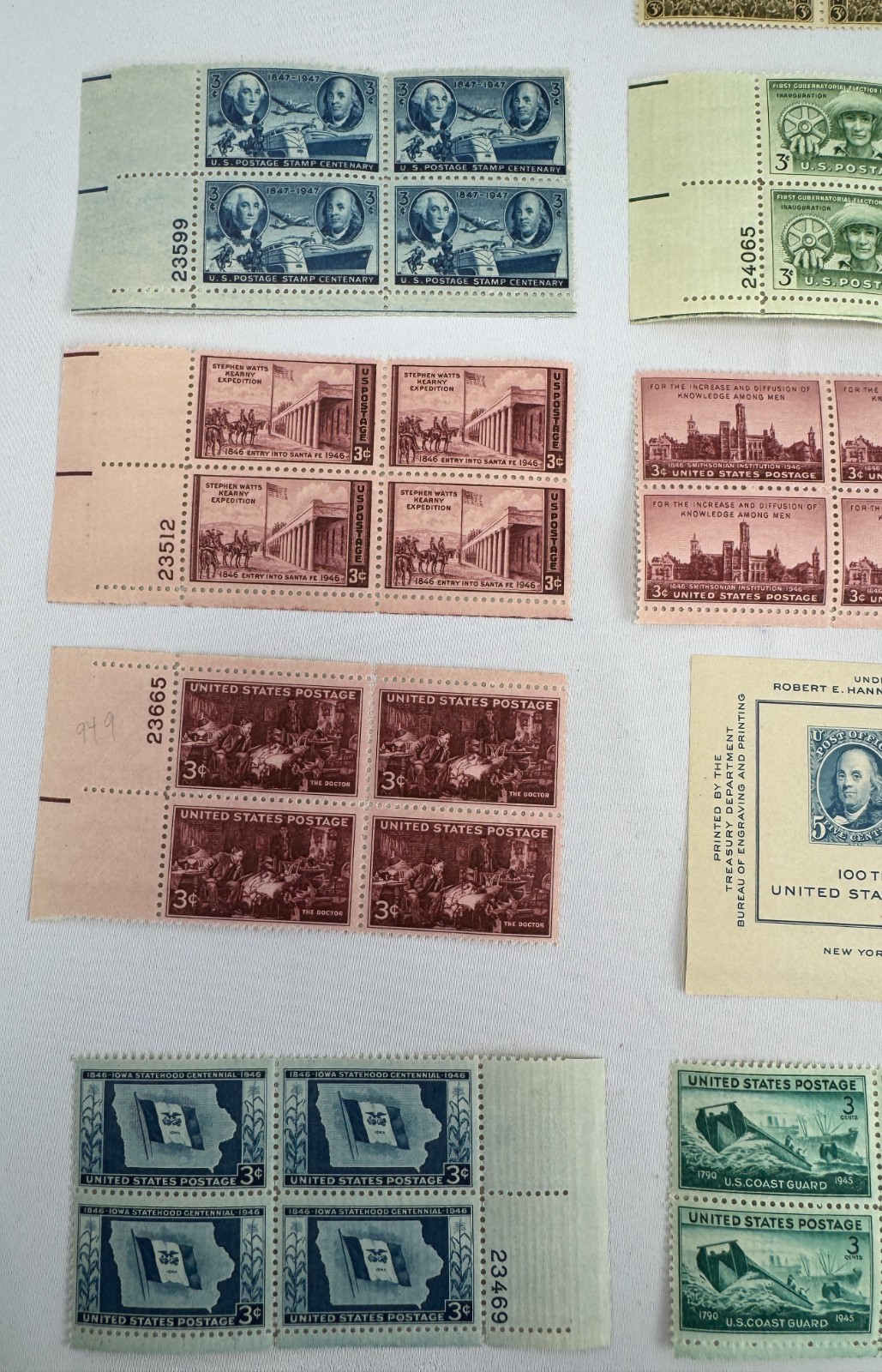 13 Mint US Plate Blocks and Souvenir Sheet 1945-1949 Post-WWII Americana