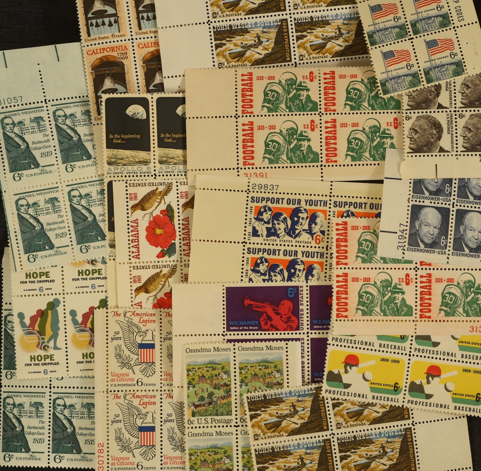 unused 25 plate blocks 100 stamps 3¢, 4¢, 5¢, 6¢, 8¢ US postage