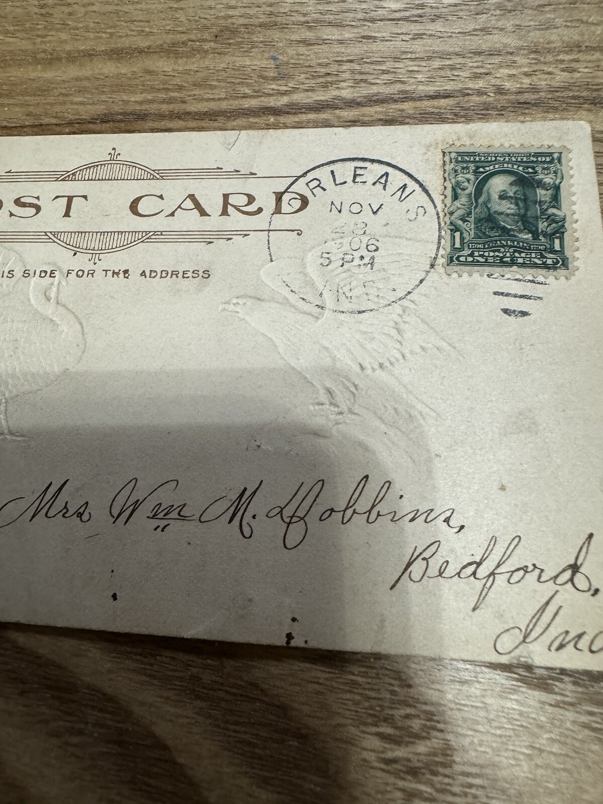 VTG 1706 FRANKLIN 1Cent Stamp POSTAGE Card, Circulated OOAK POSTMARK 1906 Rare