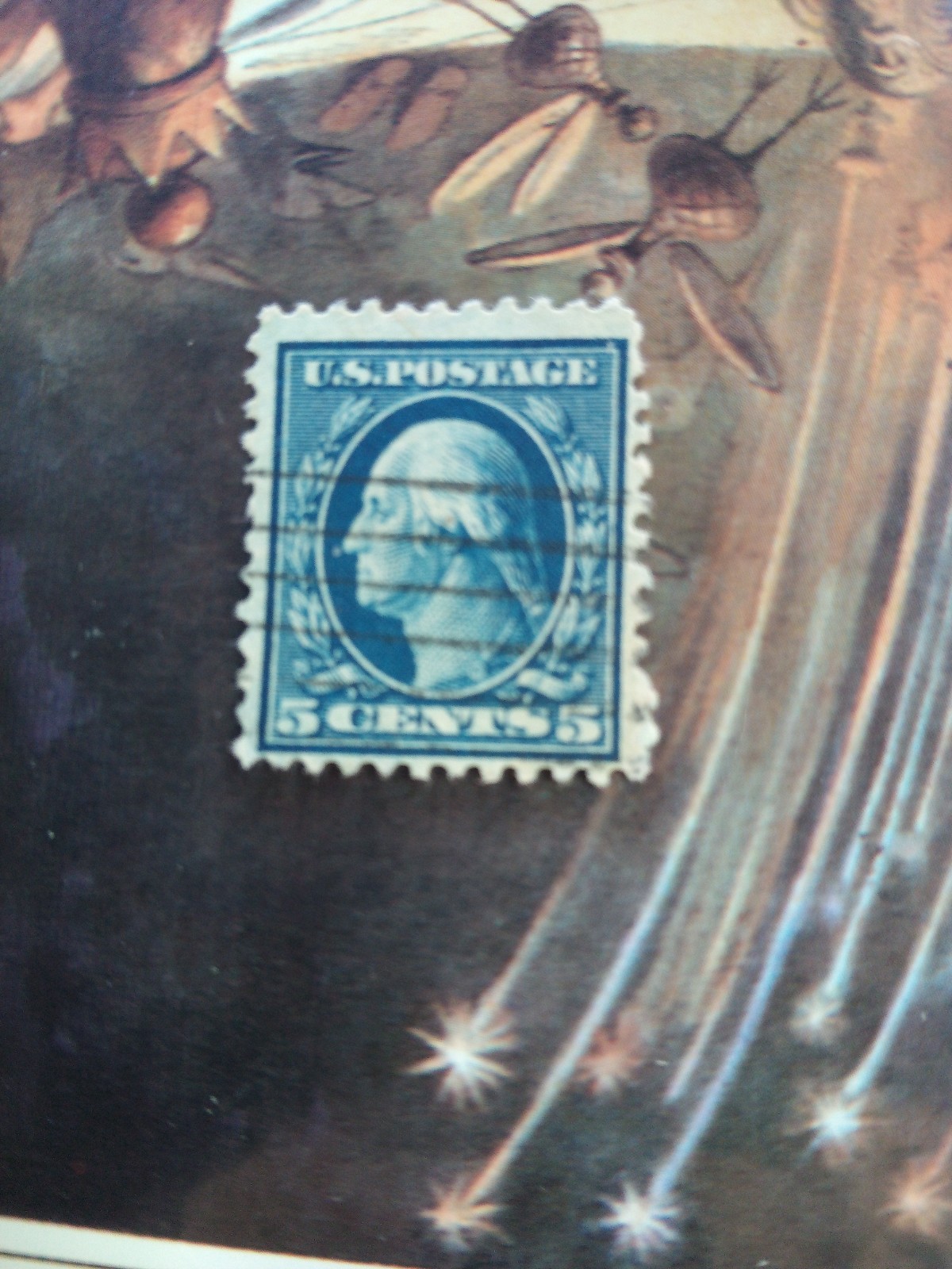 stamp 5 cent collectors stamp blue Washington squiggly lines