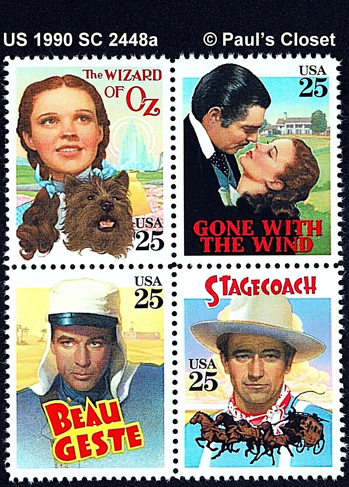 US CLASSIC FILMS-1990 SC 2448a 25¢ CLASSIC FILMS MNH/OG BLOCK 4 STAMPS VERY FINE
