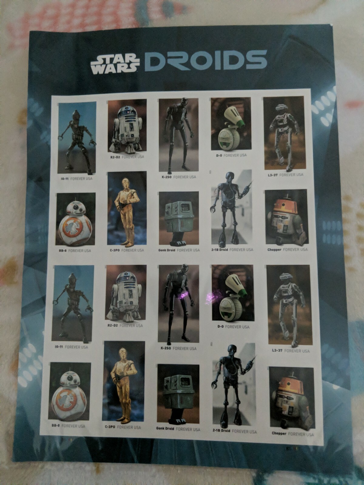 New USPS StarWars Droids Sheet of 20 Forever Stamps,ATTACHED,COLLECTIBLE 19#22#8