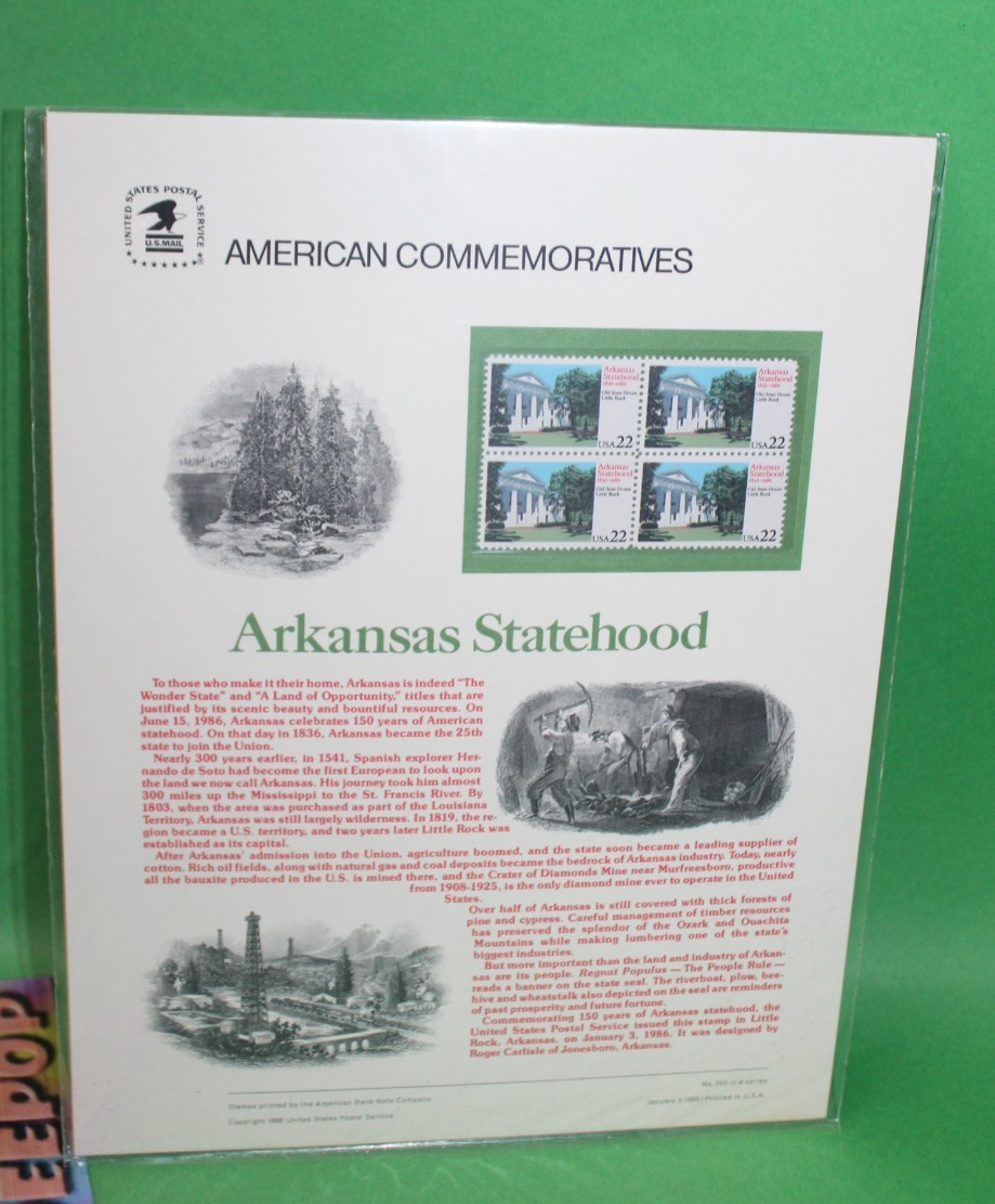 American Commemoratives Arkansas Statehood USPS Stamps Panel 255 January 3, 1986