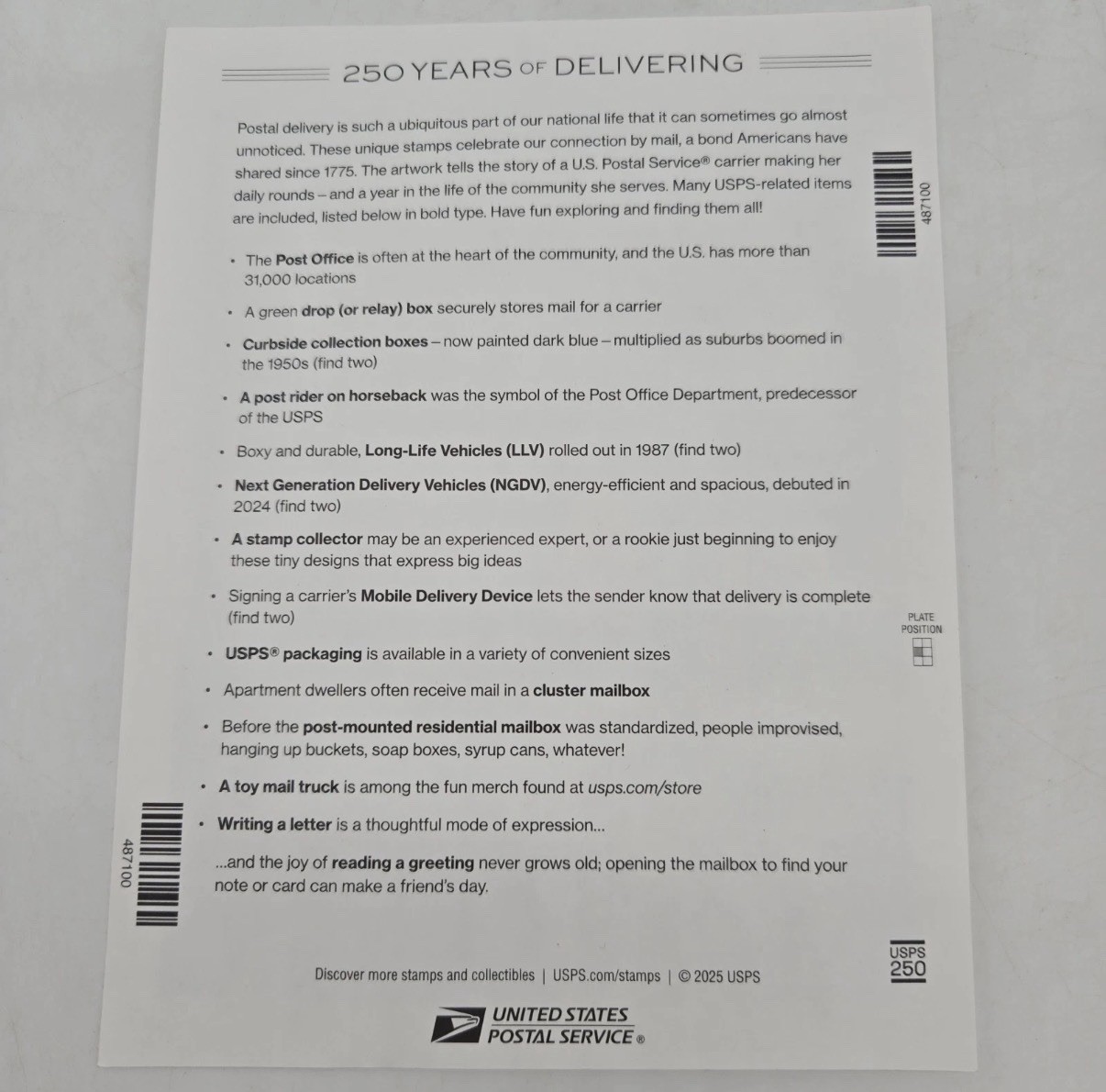 USPS 250 Years Delivering Sheet of 20 Forever Stamps – MNH (6024)