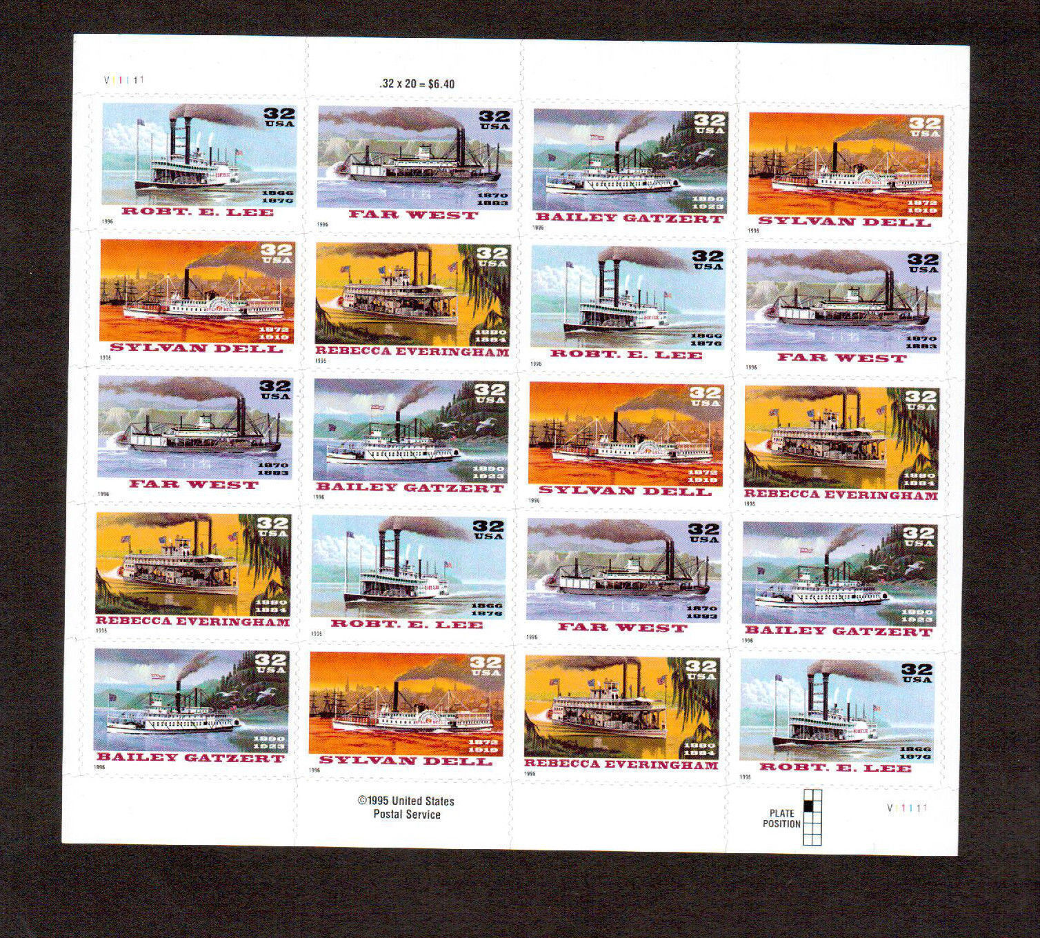 FULL SHEET 1995 RIVER BOATS 32 cent # 3091-95 MNH