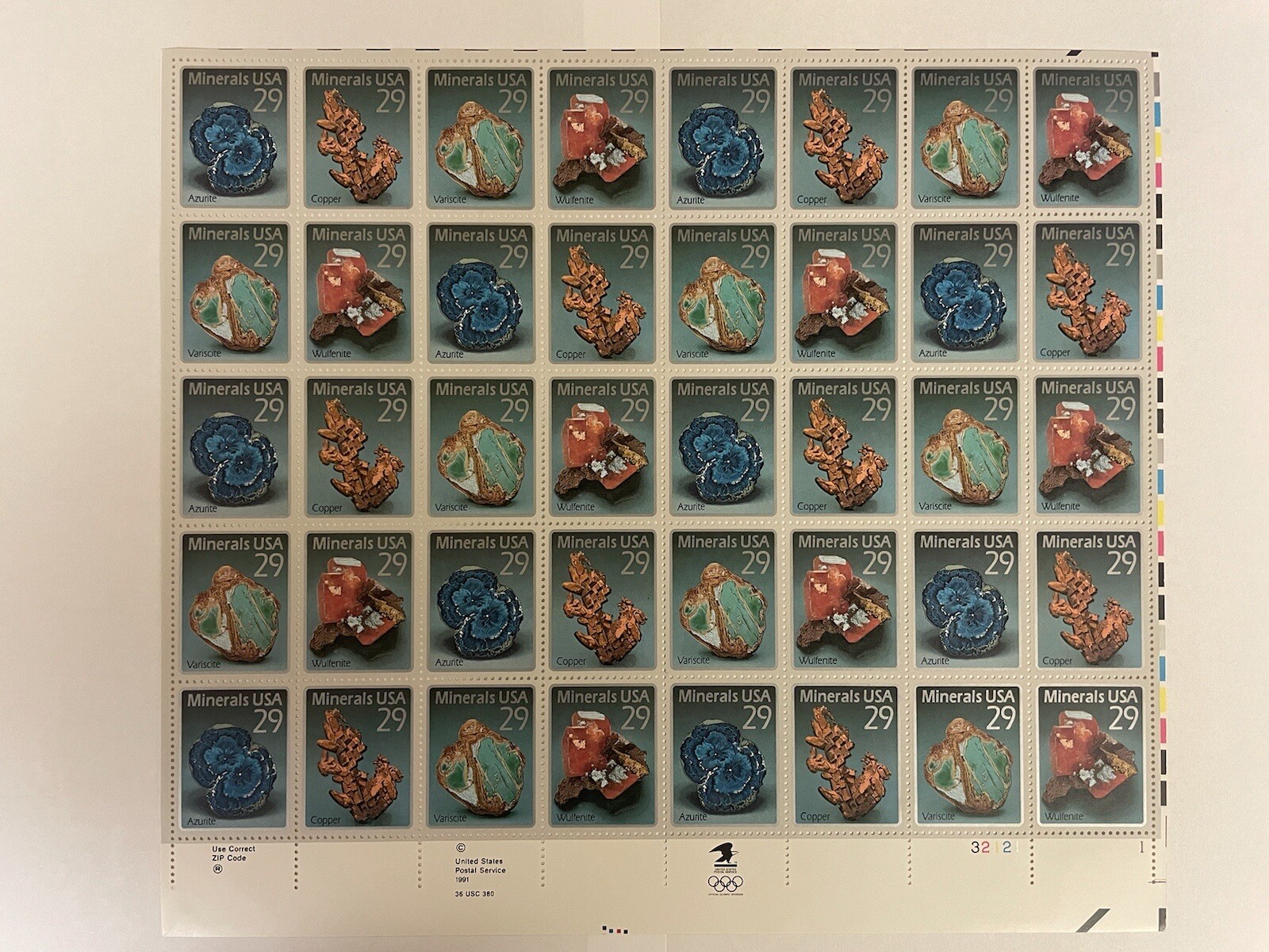 US SCOTT 2700 – 2703 PANE OF 40 MINERAL STAMPS 29 CENT FACE MNH