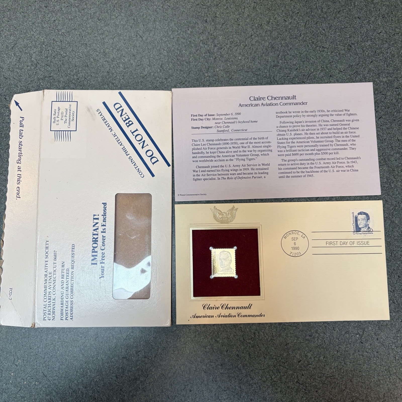 Clair Chennault Gold Stamp 1st Day POSTAL COMMEMORATIVE SOCIETYMilitary Aviation