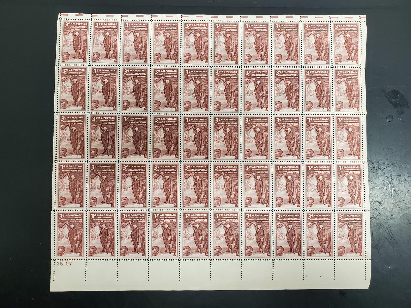 Vtg 1953 150th Anniv. Pennsylvania Academy Fine Arts 3 Cent USPS Stamp Sheet VF