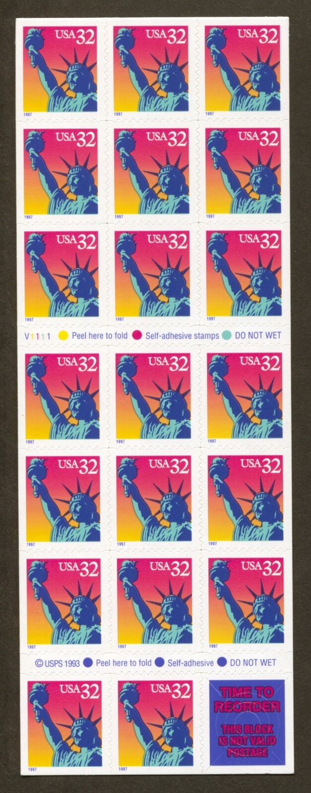 U.S. Scott# 3122a, 1997 Statue of Liberty, Booklet Pane of 20, 2022 SCV: $14.00