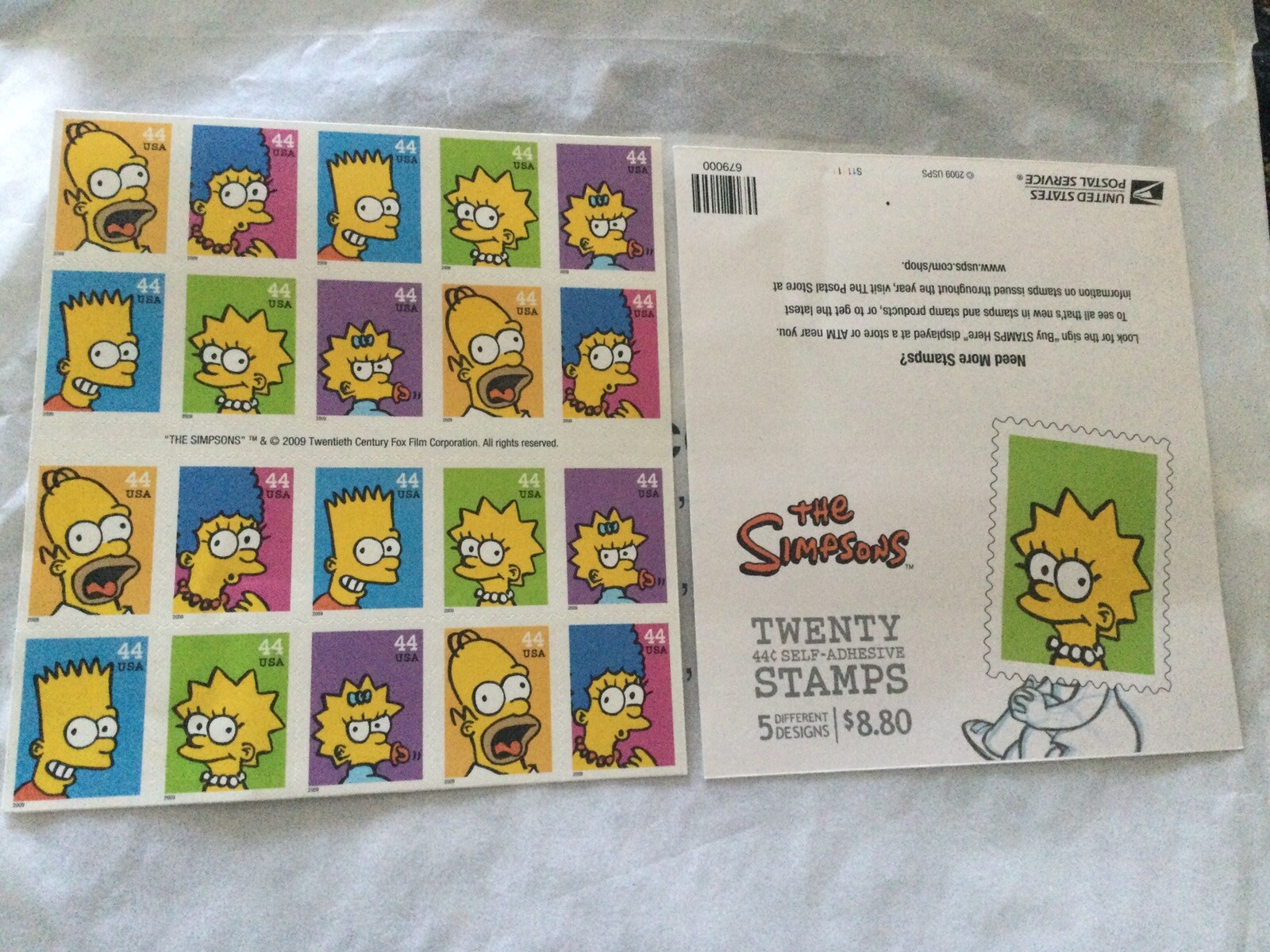 SIMPSONS 1-Full Sheet (20/44cent) Unused 2009 Postage Stamps USPS LISA Cover