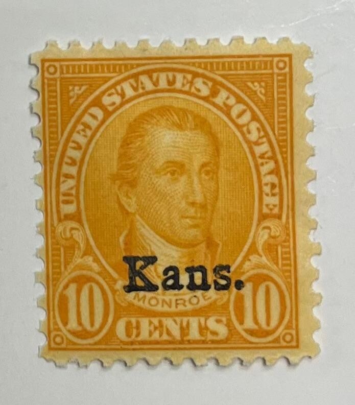 US Postage Scott #668 mint, 10-cent Monroe stamp with Kans. overprint.