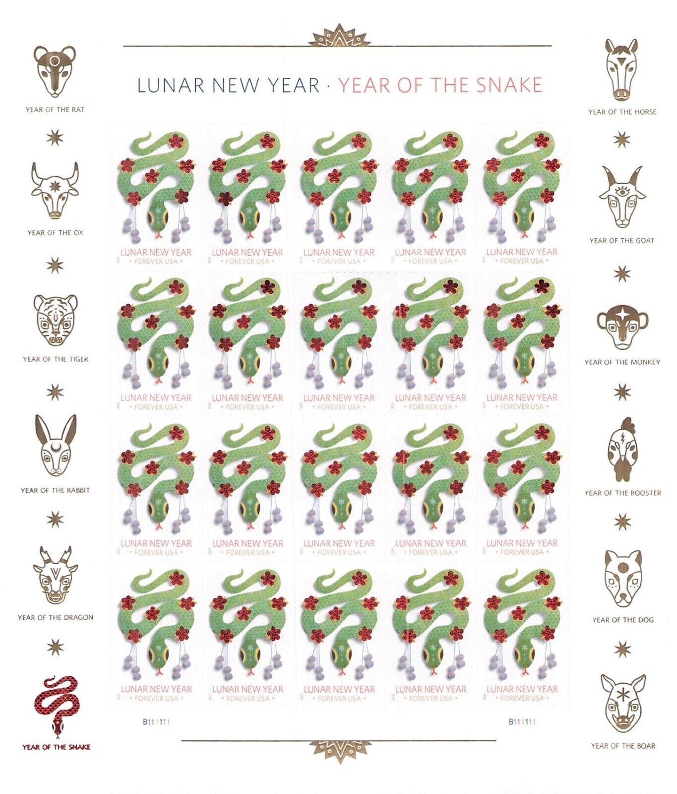 2025 LUNAR NEW YEAR OF THE SNAKE Sheet of 20 Forever Stamps MNH #5952