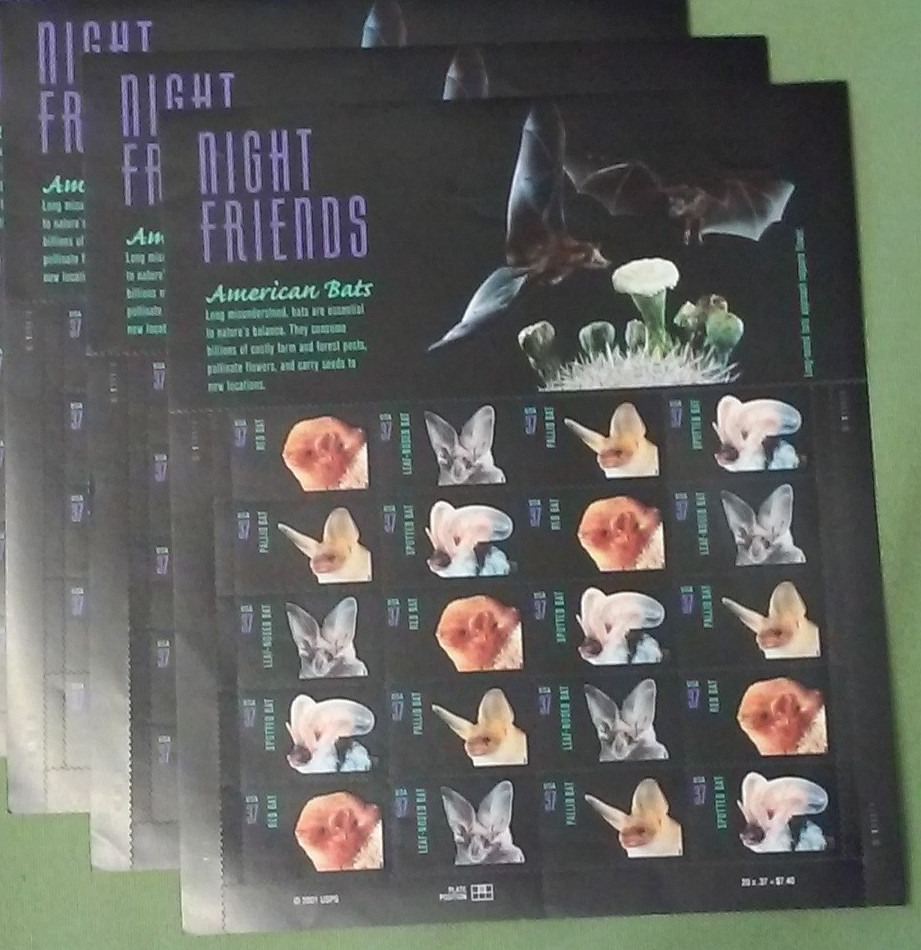 Three Sheets = 60 of NIGHT FRIENDS American Bats 37¢ US Postage Stamps 3661-3664