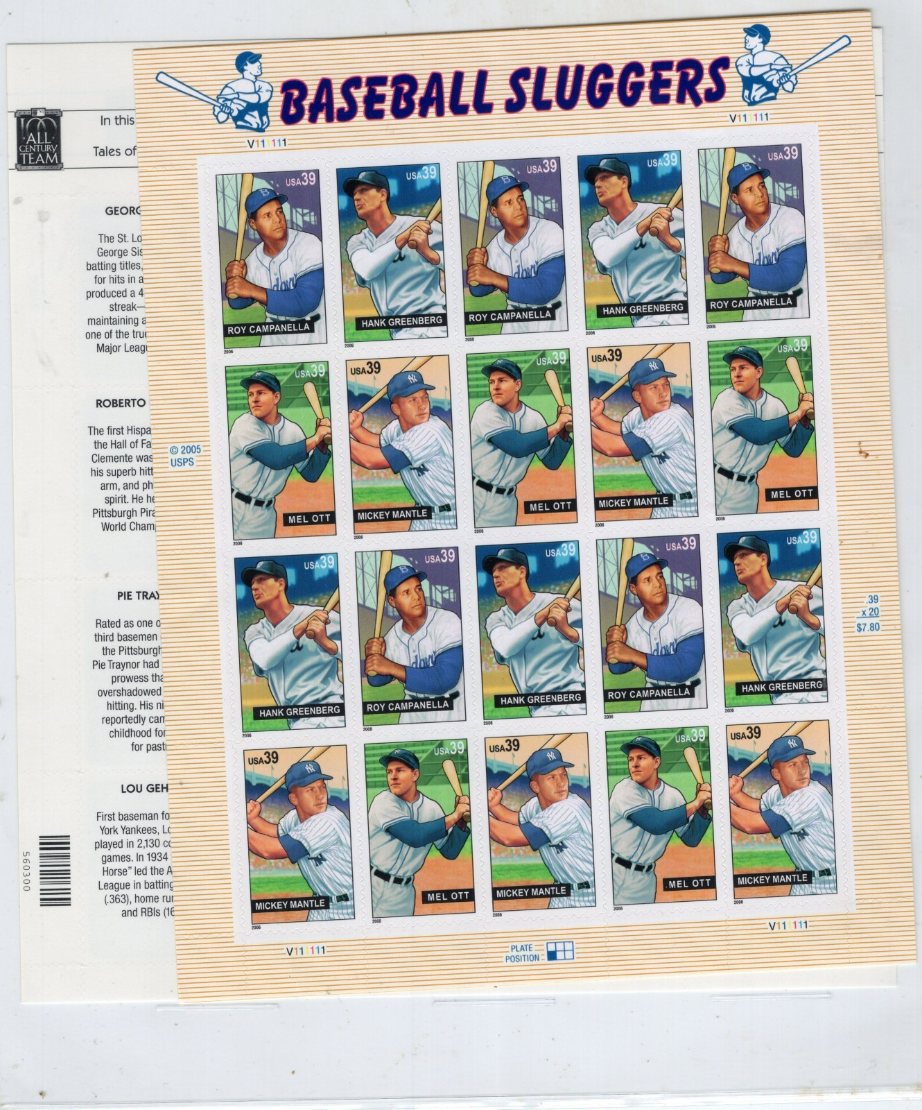 US Postage stamps LEGENDS OF BASEBALL All Century Team 33c 20 stamps