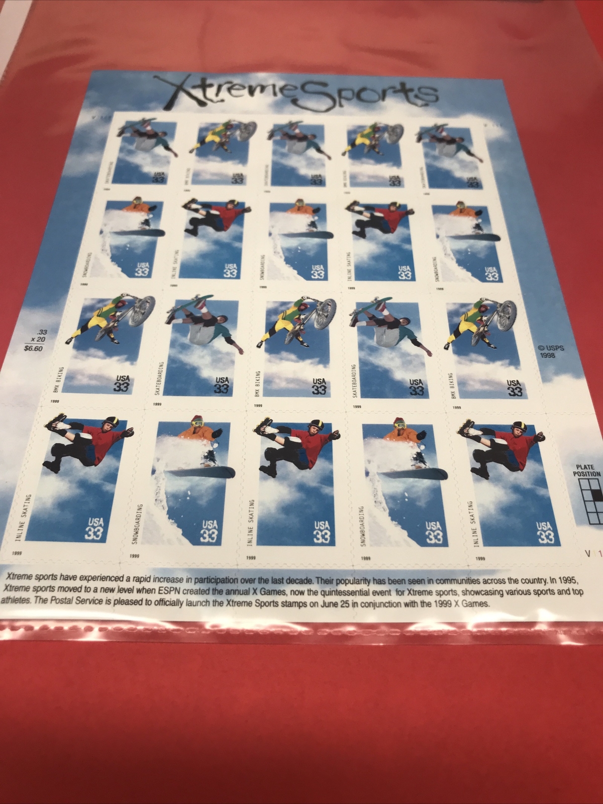 SCOTT #3321-24 Extreme Sports 33 cent 20 Stamps MNH-1999