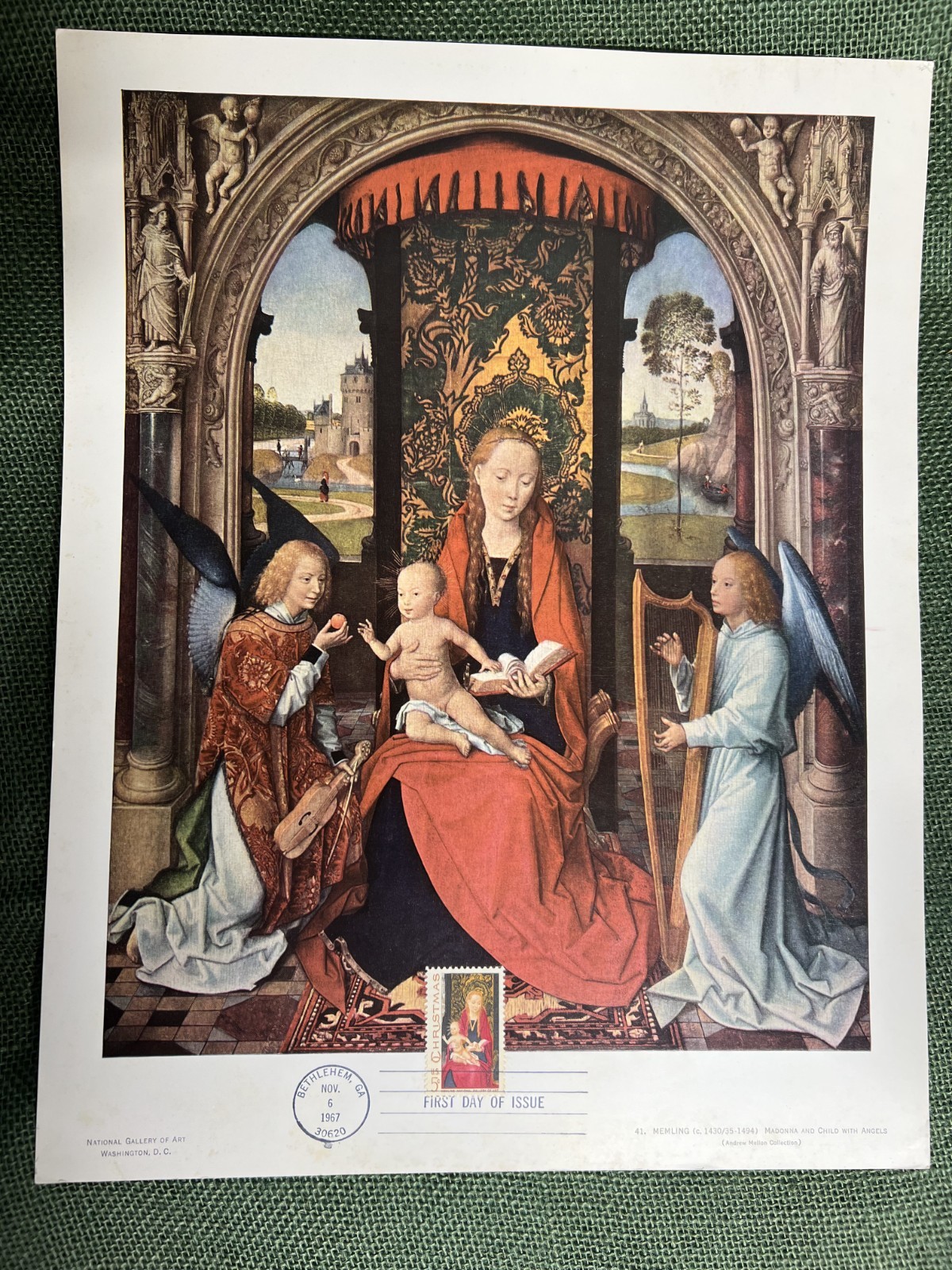 MADONNA and CHILD with ANGELS by Memling 11×14 Print w/Bethlehem stamp (1967)