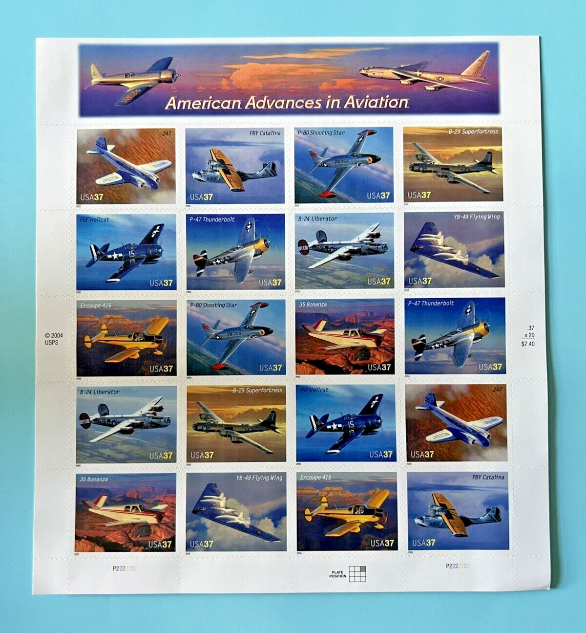 #3916-3925 American Advances in Aviation 37¢ – 4 Sheets x 20 = 80 Stamps FV29.60