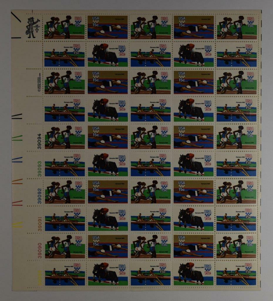 US SCOTT 1791 – 1794 PANE OF 50 1980 OLYMPIC STAMPS 15 CENT FACE MNH