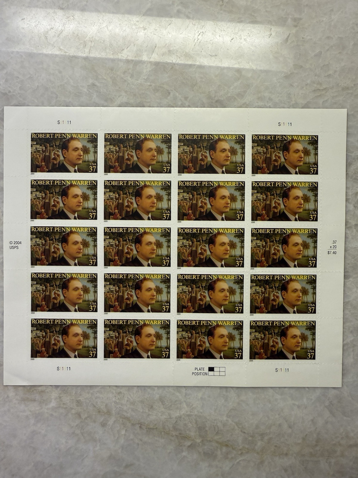 2004 US Scott #3904 37c Robert Penn Warren, Writer, Sheet of 20 MNH