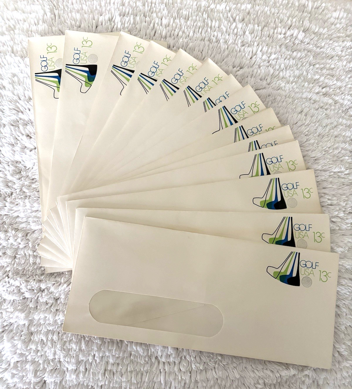 VTG 1970s USA Golf Postal Window Envelopes, 14, Printed Postage 13 Cents, Unused