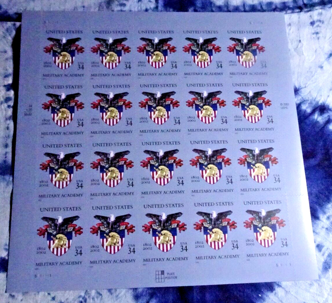 US 3560 U.S. MILITARY ACADEMY 200th PANE OF 20 (34c) STAMPS GLASSINE SHIP BUY!!