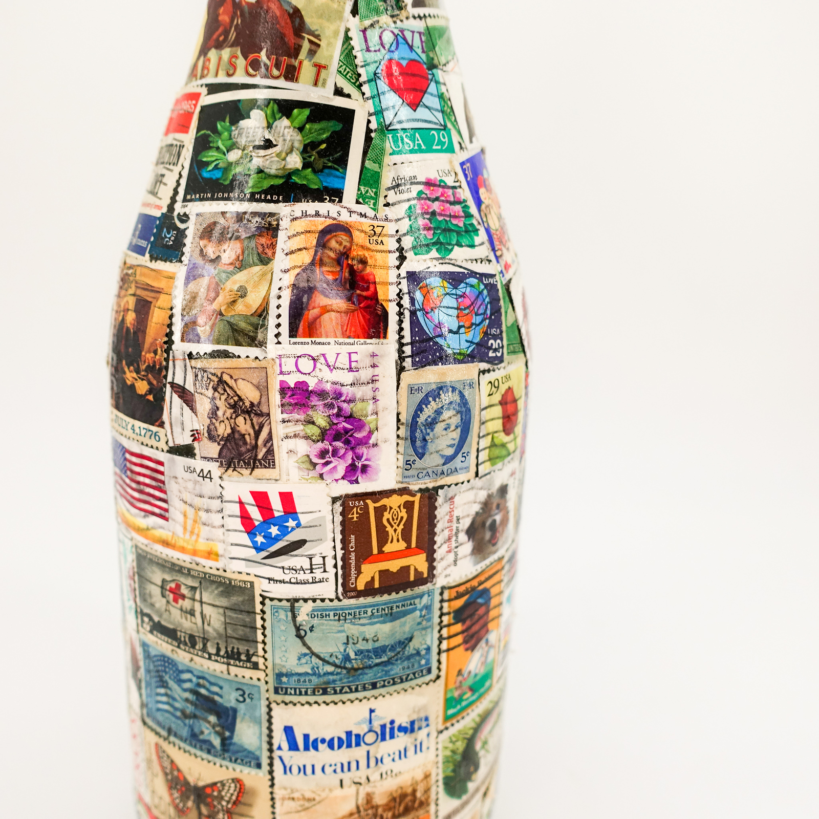 US Postage Stamp Covered Bottle Handmade Pop Culture Art “The Last One Mom Made”