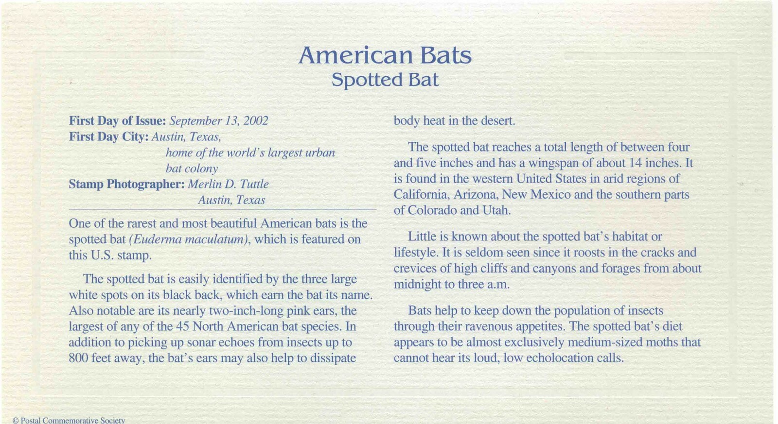 First Day Of Issue Sep 13 2002 Austin TX 22kt Gold Replica Spotted Bat