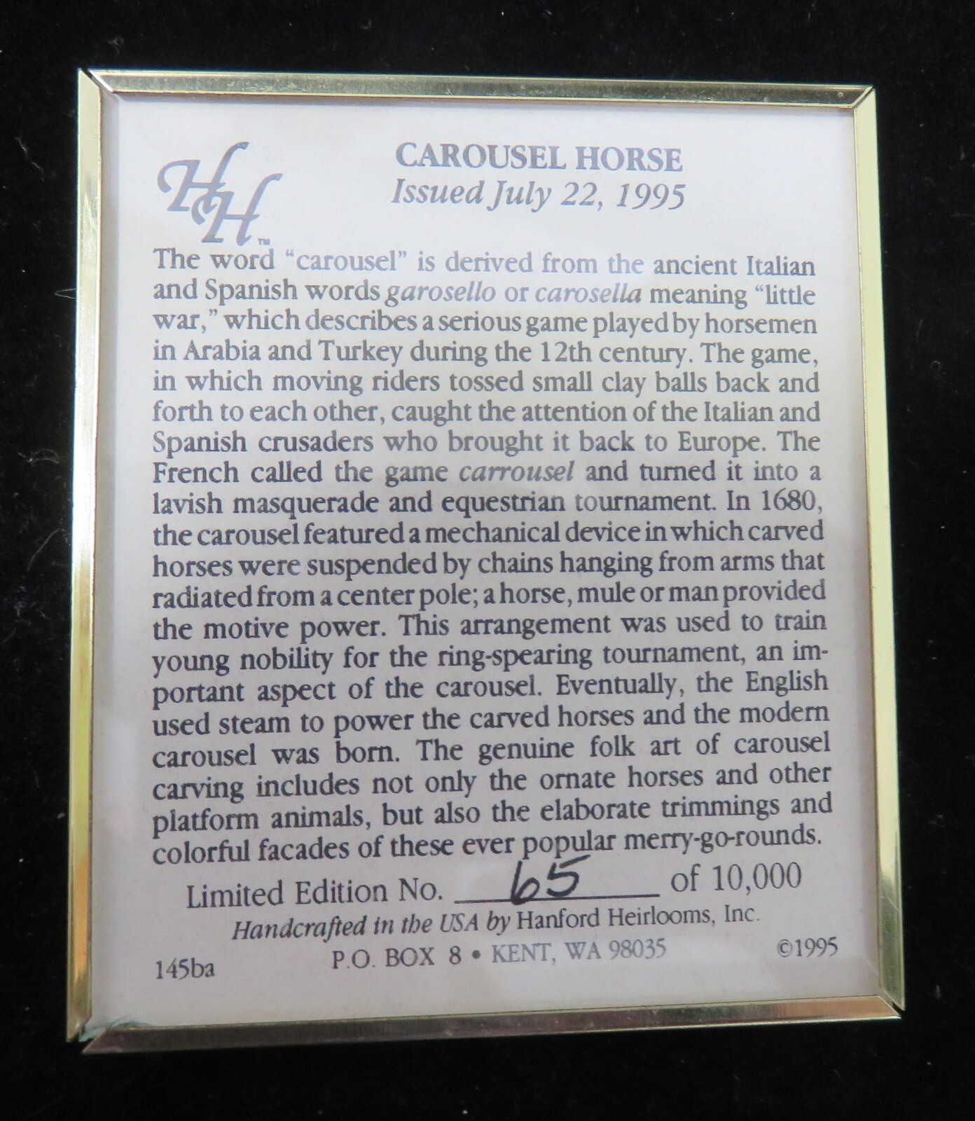 Limited Edition Stamp Carousel Horse 1995 Framed with Glass Number 65 of 10,000