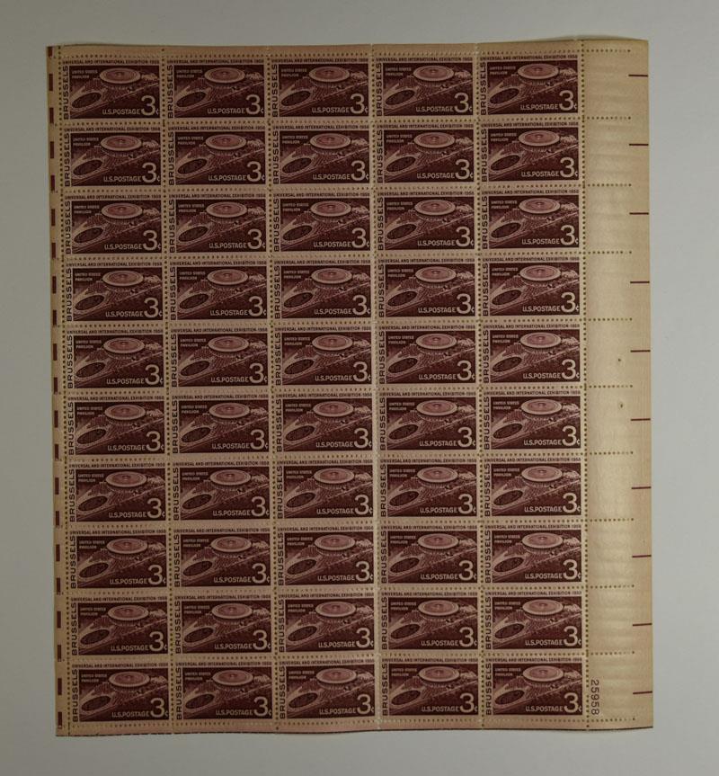 US SCOTT 1104 PANE OF 50 BRUSSELS STAMPS 3 CENT FACE MNH