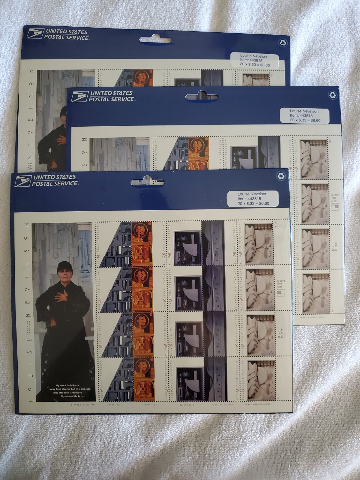 Three Sheets x 20 = 60 of Sculptor LOUISE NEVELSON 33¢ US Stamps USA # 3379-3383
