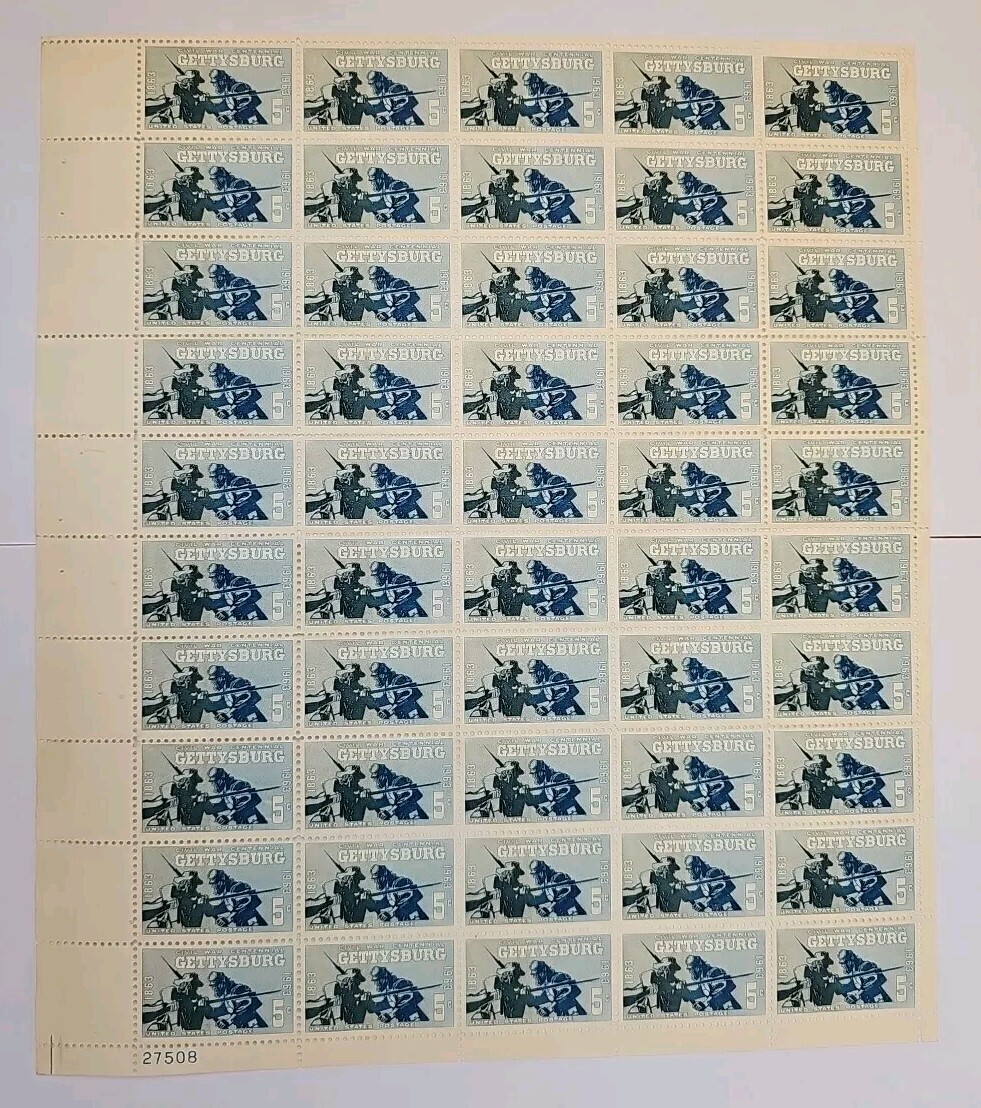Stamp US Postage 5c 5 Cent Sheet Of 50 Stamps Civil War Gettysburg 1963 Centenni