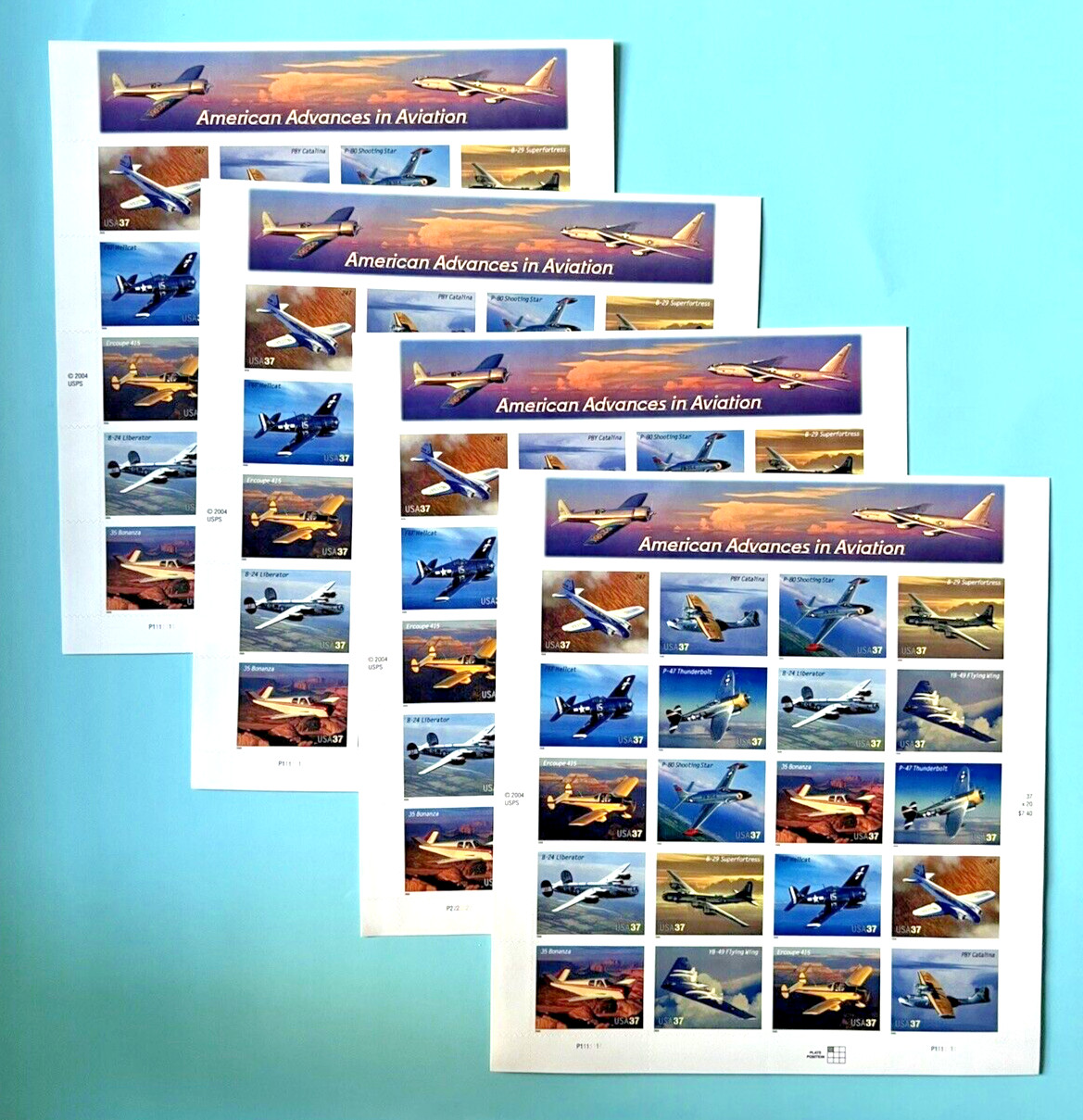 #3916-3925 American Advances in Aviation 37¢ – 4 Sheets x 20 = 80 Stamps FV29.60