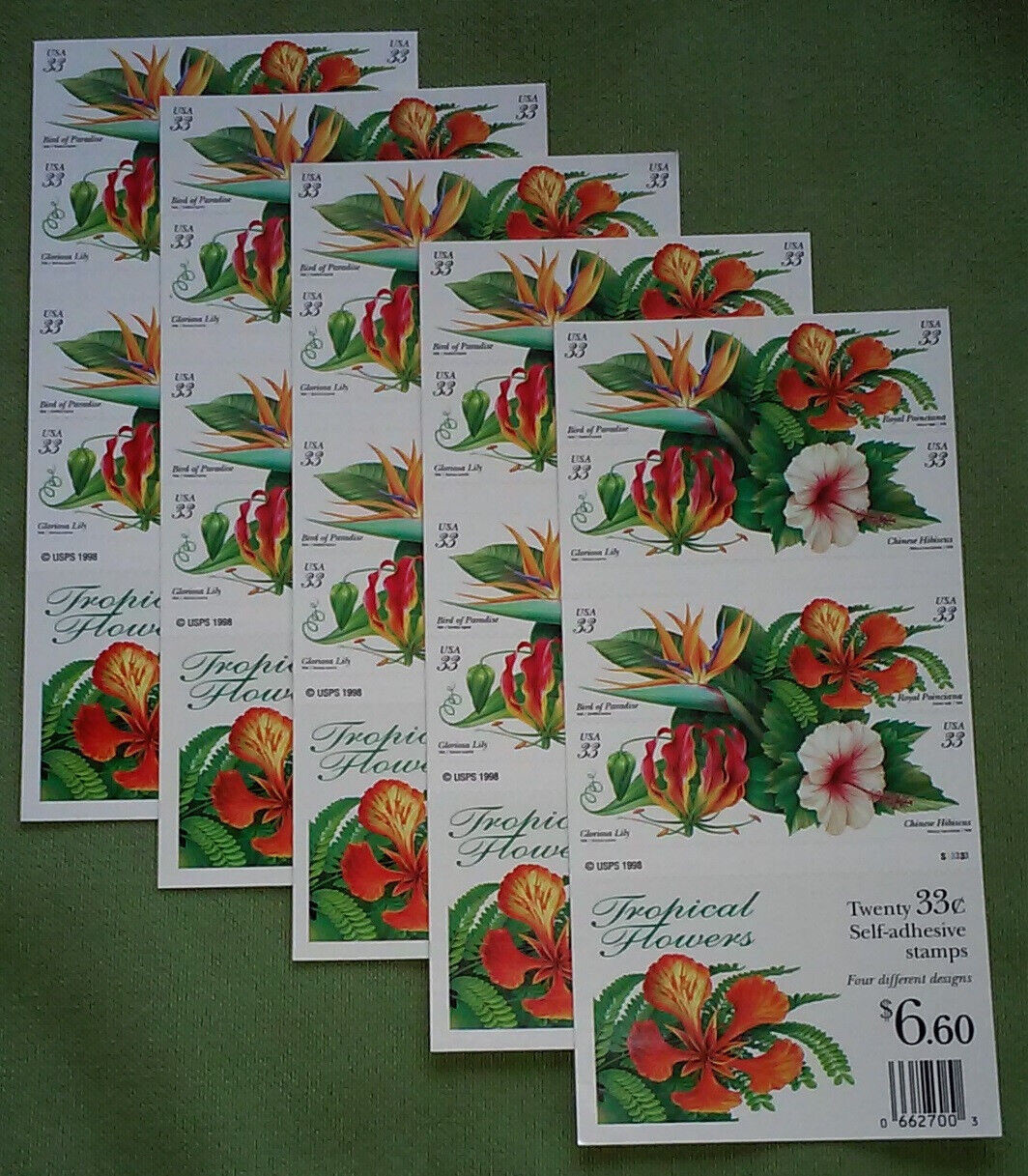 Two Booklets Panes x 20 = 40 of TROPICAL FLOWERS 33¢ US Postage Stamps 3310-3313