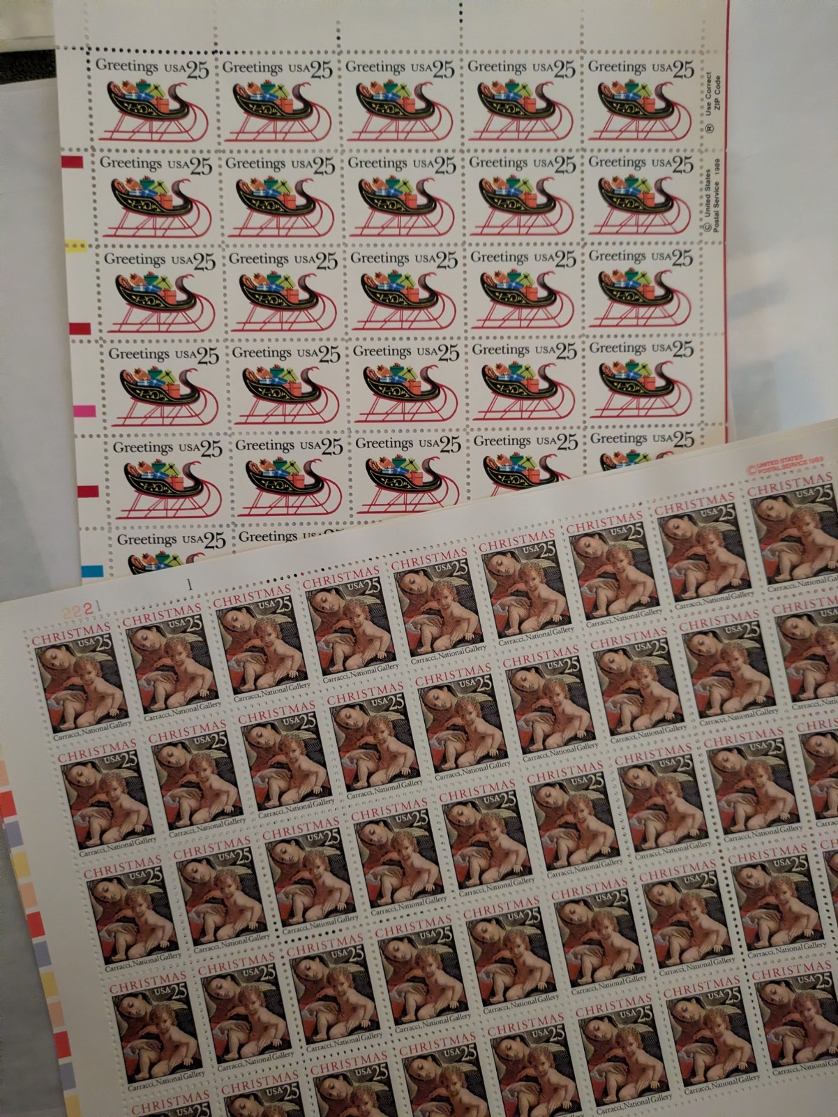 1989 25 Cent US Postage Stamps 150 Total 3 Full Mint Sheets Jesus and Sleigh art