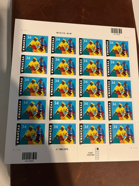 Scott #3548. 34c Kwanzaa sheet of 20 stamps. MNH. free shipping.