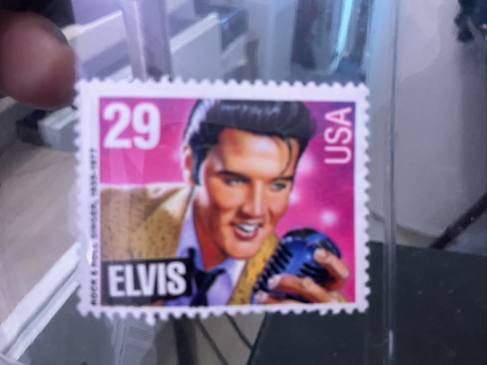 Elvis Presley stamp USA unused untouched pink and purple Elvis holding microphon