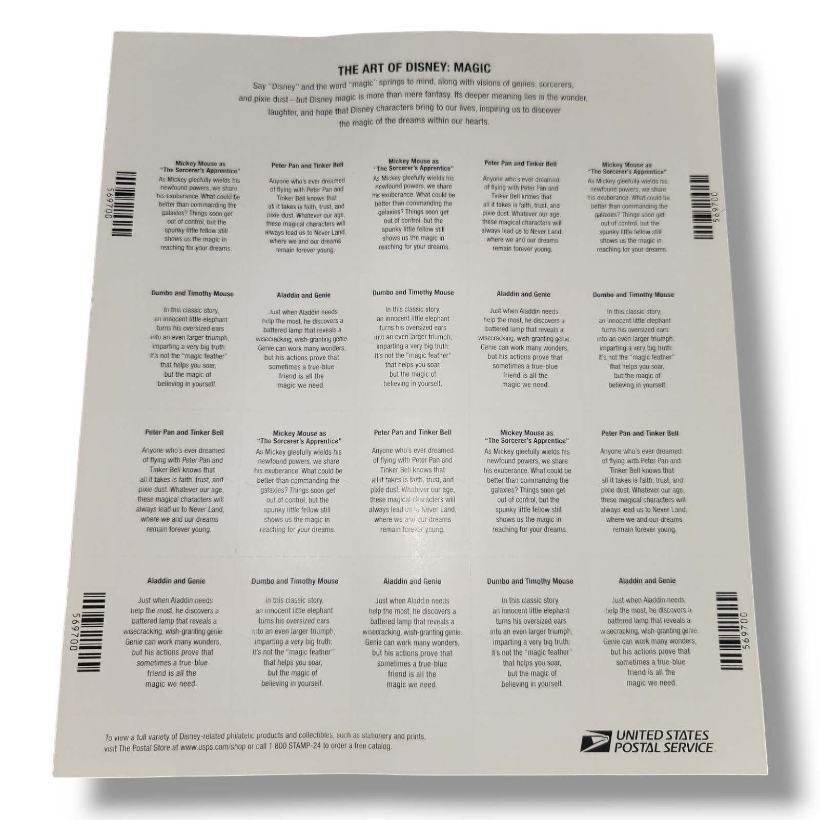 The Art of Disney Magic Group Of 20 41 cents stamp sheet Mickey Dumbo Aladdin