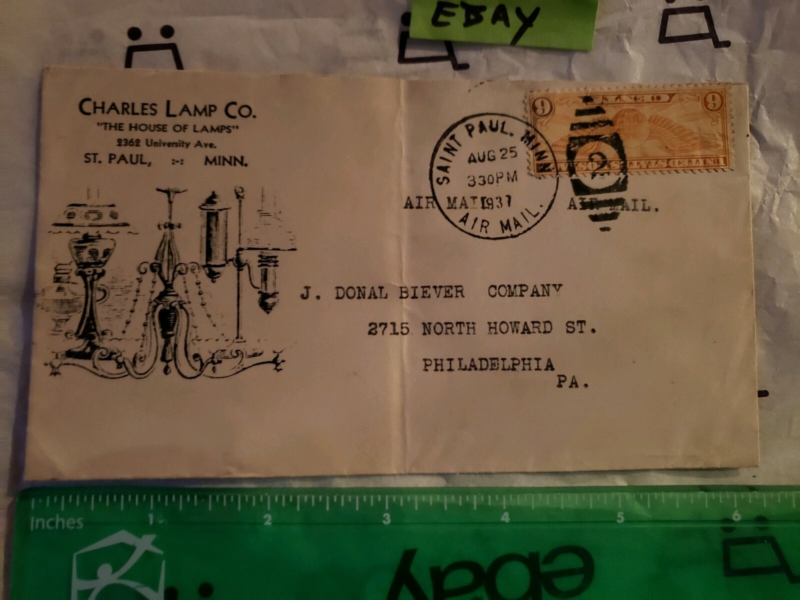Scott C19 1937 Stamp 6 Cent Air Mail Envelope 1937 Charles Lamp Co St Paul Minn