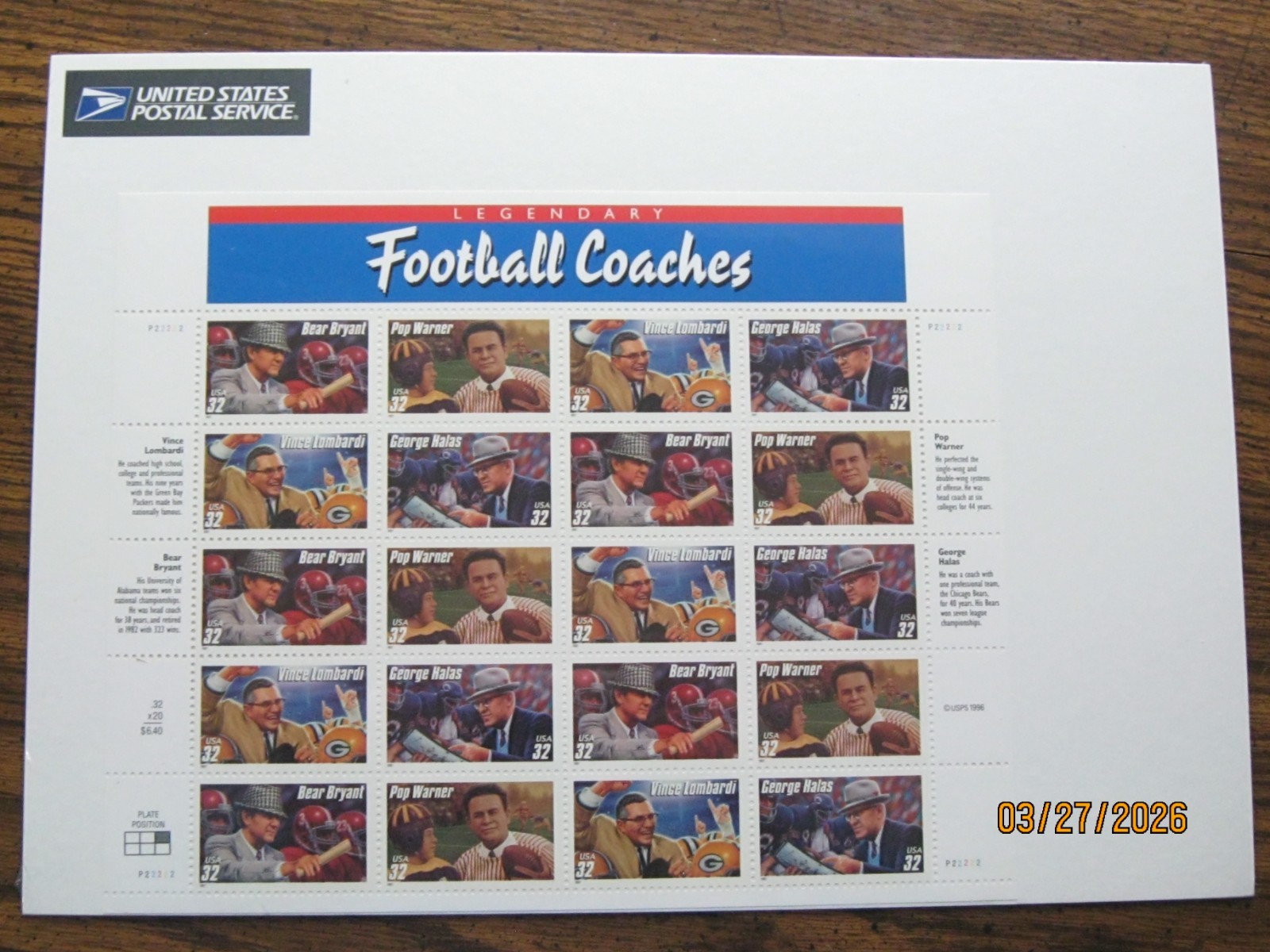 1996 LEGENDARY FOOTBALL COACHES UNCUT USPS PRESENTATION BLOCK OF 20 STAMPS