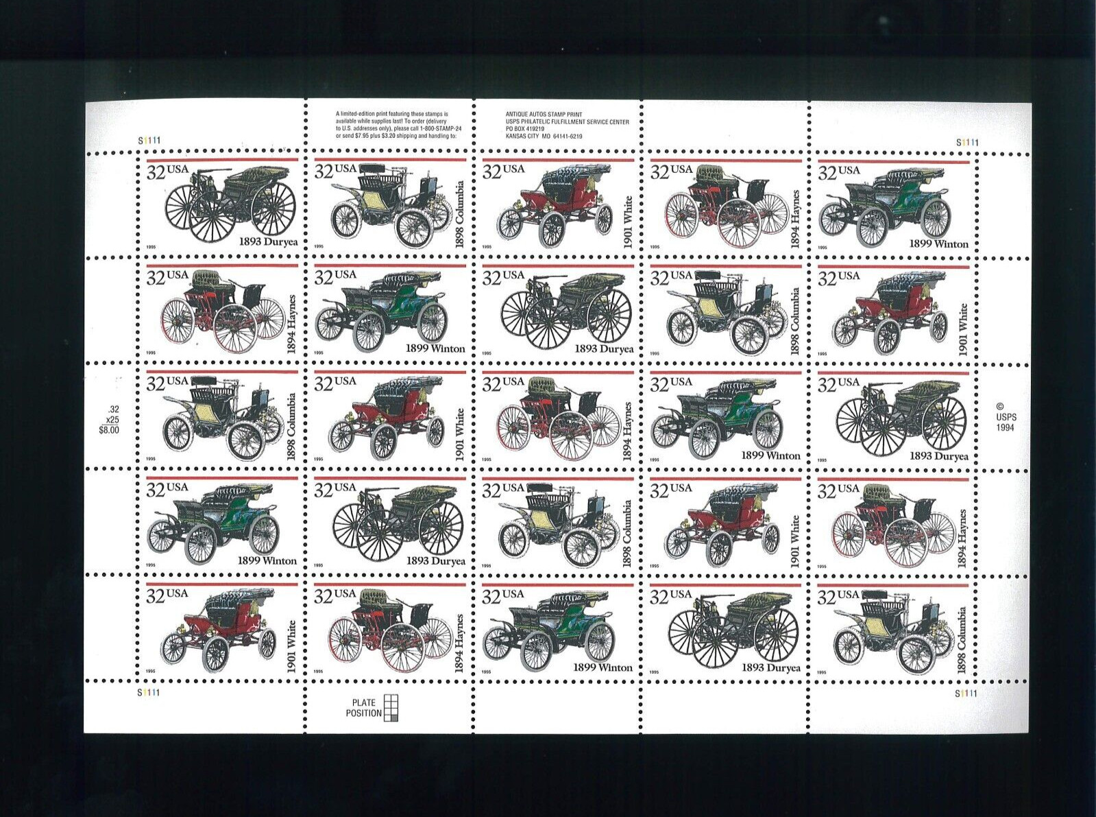 United States 32¢ Antique Automobiles Postage Stamp #3019-23 MNH Full Sheet