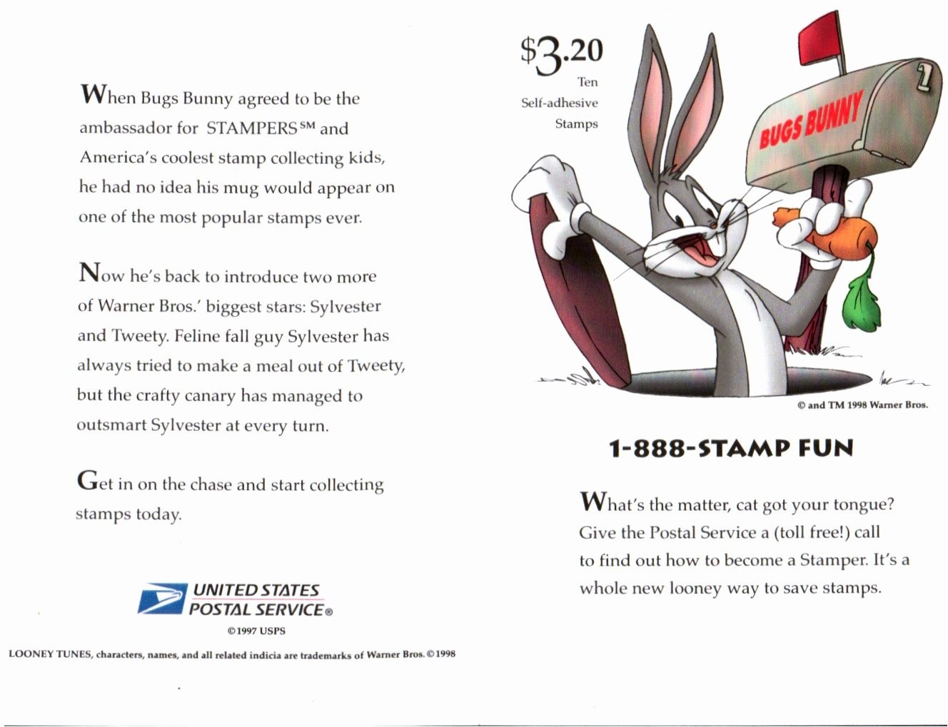 Scott#: 3204 Sylvester & Tweety Bird Pane of 10×32¢ 1998 Stamps – Lot 9