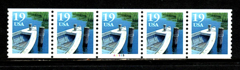 US Stamps – 19¢ Fishing Boat – Plate #A5555 Coil Strip of 5 MNH stamps SC#2529