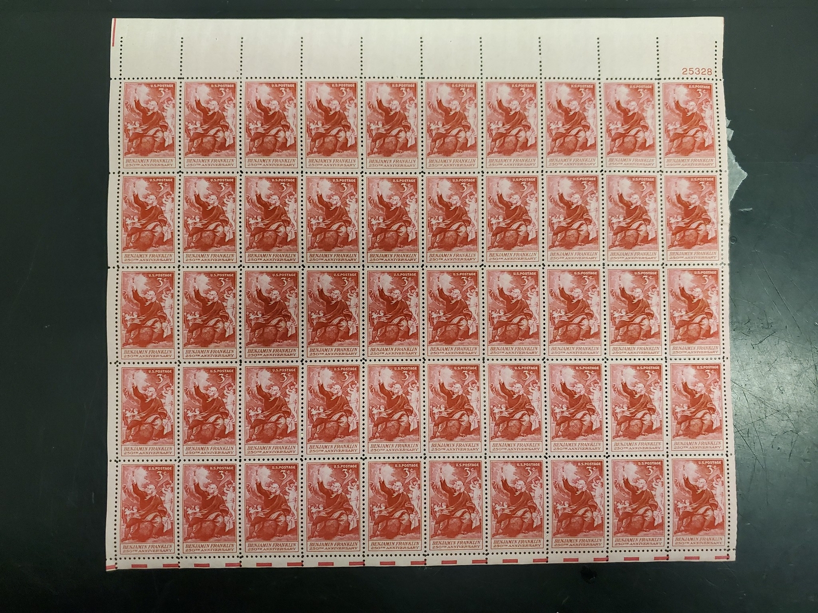 Vtg 1956 Benjamin Franklin 250th Anniversary 3 Cent Postage Stamp Sheet 50 Total