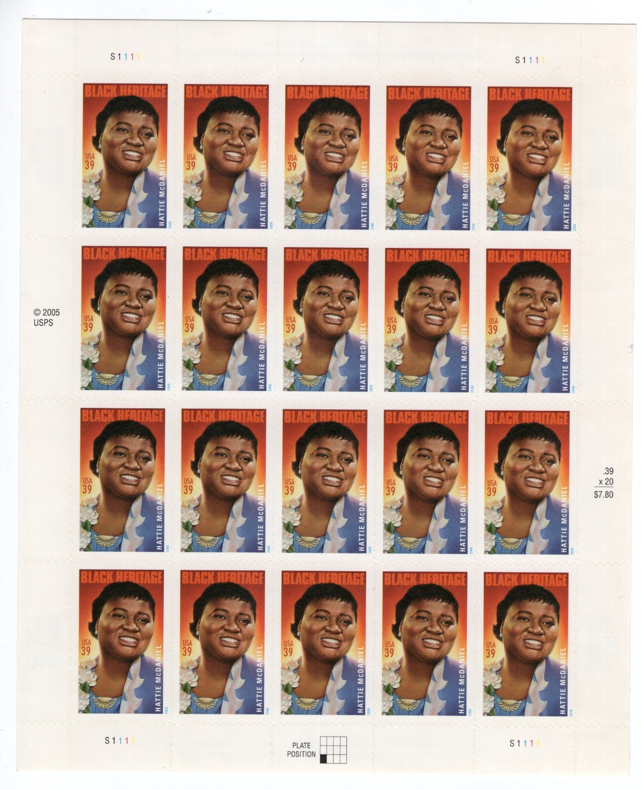 US 2006 SC 3996 39c Black Heritage, Hattie McDaniel, Actress – Sheet of 20 MNH