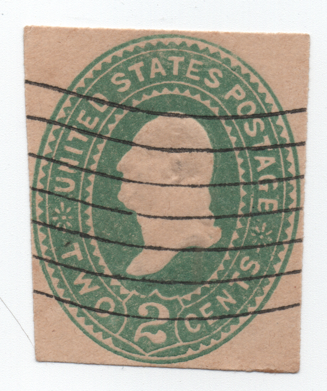 2-Cent_Green_George_Washington_Stamped_Envelope_Cut_Square_Wave_Cancel(Machine)