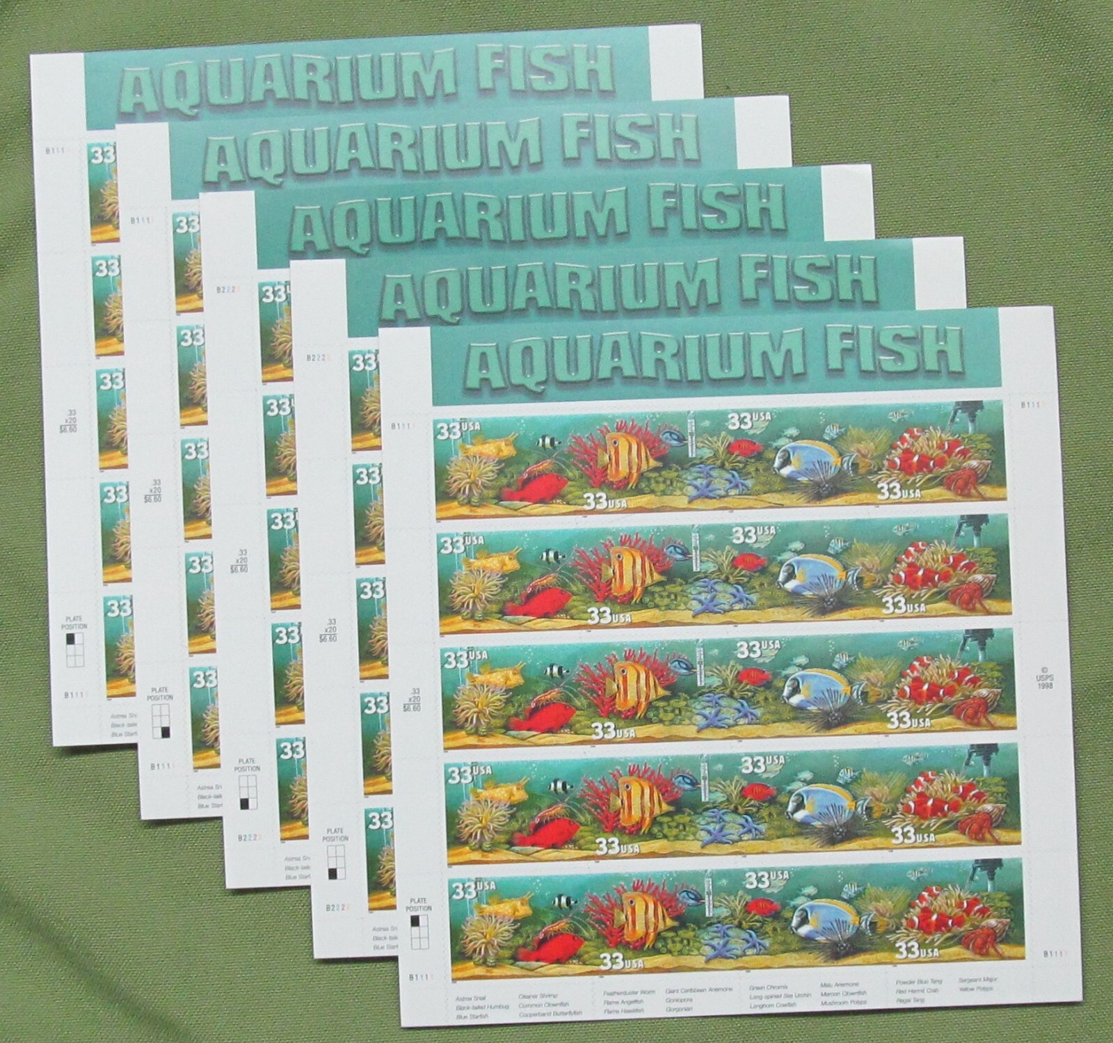 Four Sheets x 20 = 80 of AQUARIUM FISH 33¢ US Postage Stamps. USA Sc # 3317-3320