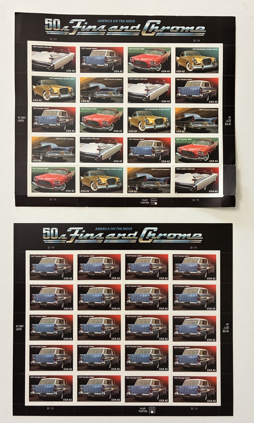 Lot of 2 – 42 Cent Postal Stamps – America on the Move: ’50s Fins and Chrome
