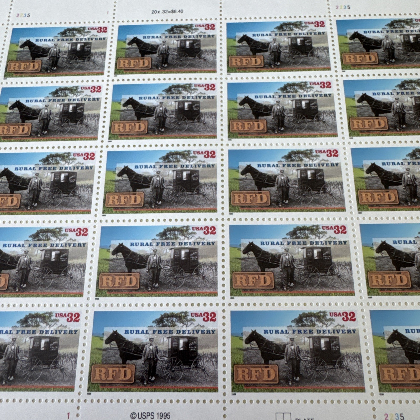 US Postage Stamps 32c Sheet RFD Rural Free Delivery 20 Stamps MNH Free Shipping