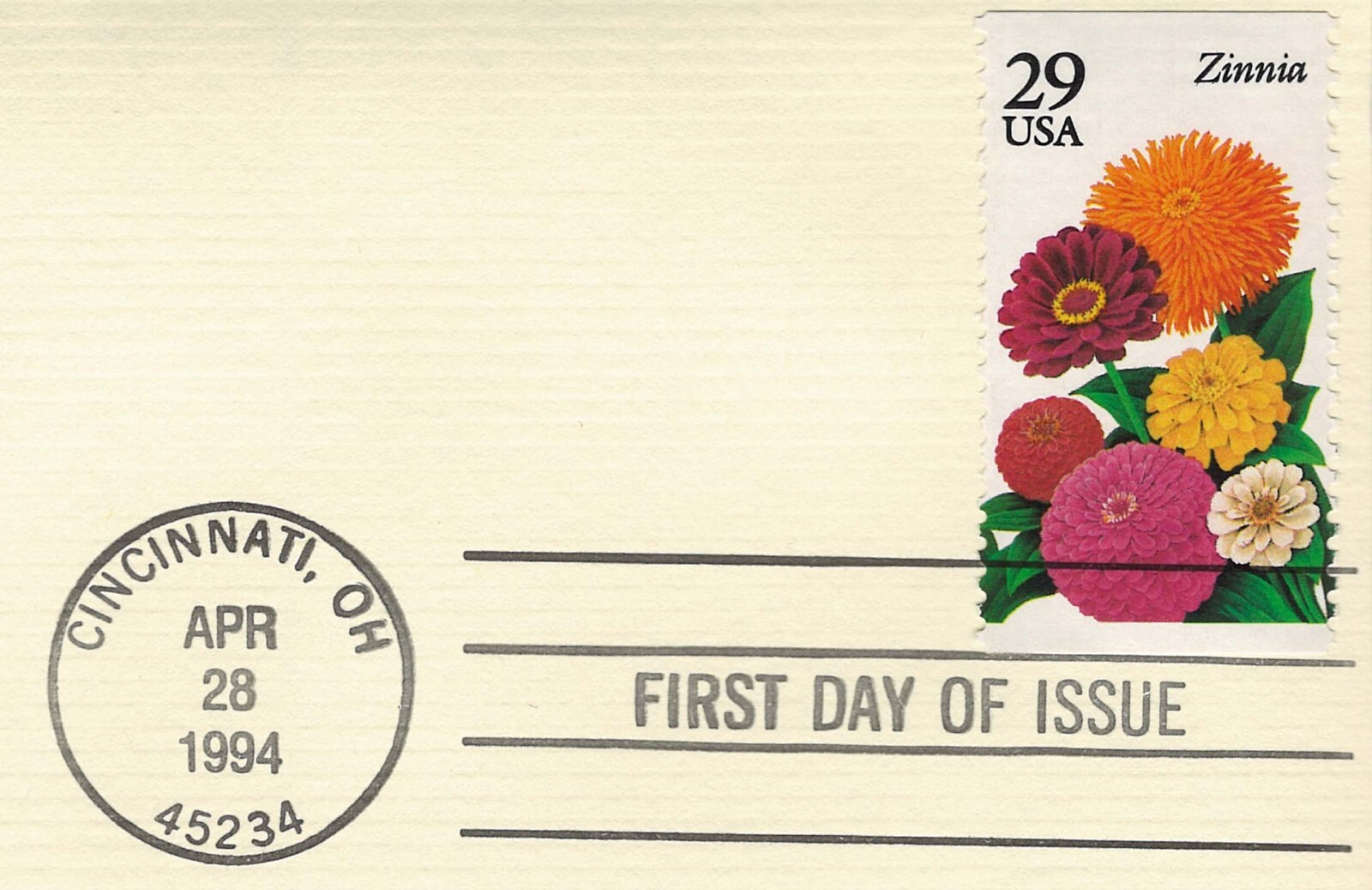 1994 FIRST DAY ISSUE 29 CENT STAMP GOLD GARDEN FLOWERS ZINNIA